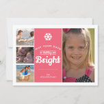 Merry Bright Holiday Photo Christmas Collage Pink<br><div class="desc">Merry and Bright Holiday photo card featuring the words "may your days be merry and bright" and a photo collage template of 4 (four) pictures, with happy kids smiling and playing at the beach. The modern design is organised in a vertical text box (bright pink background) and features curved text...</div>