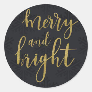 MERRY & BRIGHT Holiday Winter Black Snowflakes Classic Round Sticker