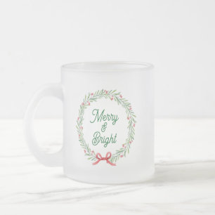 Merry & Bright Holiday Wreath Frosted Glass Coffee Mug