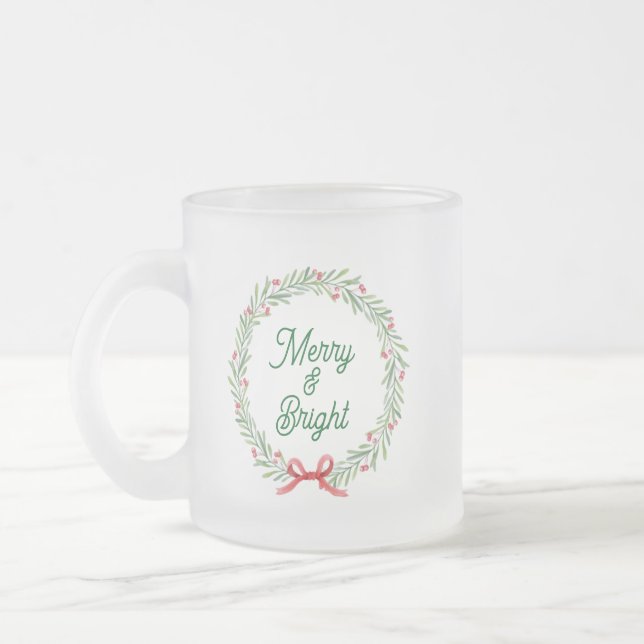 Merry & Bright Holiday Wreath Frosted Glass Coffee Mug (Left)