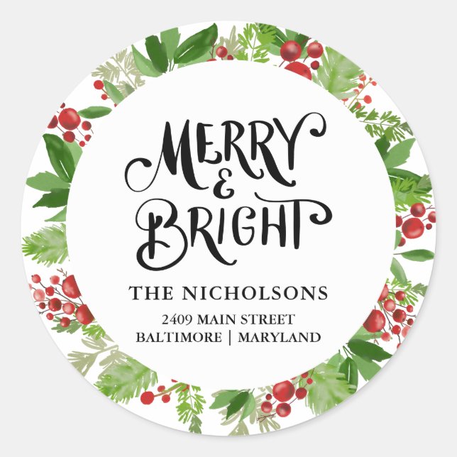 Merry & Bright Holiday Wreath Script Classic Round Sticker (Front)