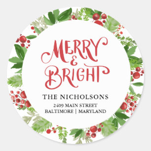 Merry & Bright Holiday Wreath Script Classic Round Sticker