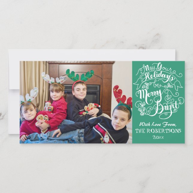 Merry Bright Holidays Green Modern Photo Christmas Holiday Card (Front)