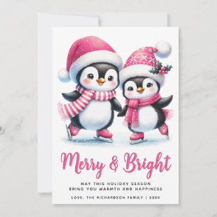 Merry Bright Ice Skating Penguins Pink Christmas Holiday Card