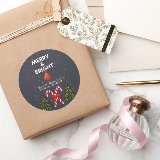 "Merry & Bright Joyful Christmas Card" Classic Round Sticker (Gifting)