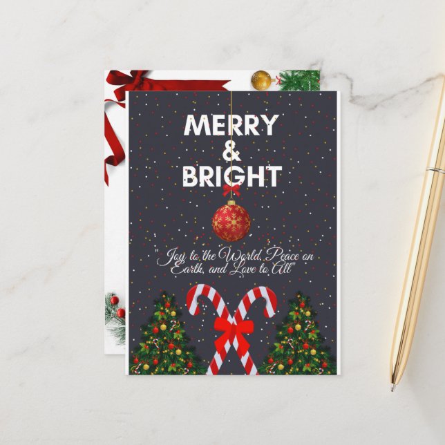 "Merry & Bright Joyful Christmas Card" Holiday Postcard (Front/Back In Situ)