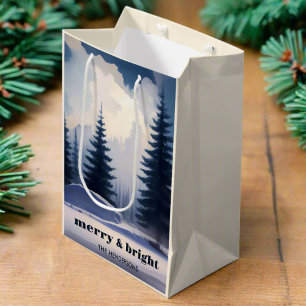 Merry & Bright l Blue Watercolor Pine Forest Medium Gift Bag