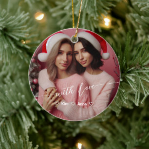 Merry & Bright Lesbian Retro Pink   Custom Photo  Ceramic Tree Decoration