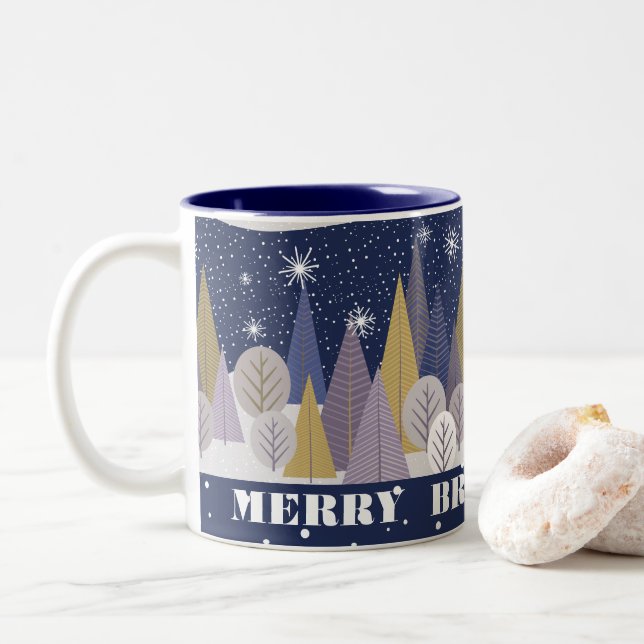 Merry Bright & Magic, bohemian forest Two-Tone Coffee Mug (With Donut)
