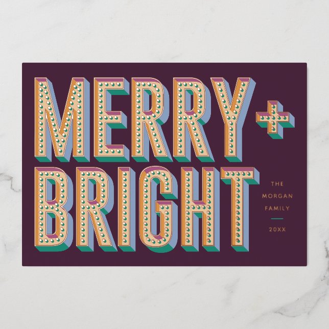 Merry + Bright Marquee Foil Holiday Card - Purple (Front)