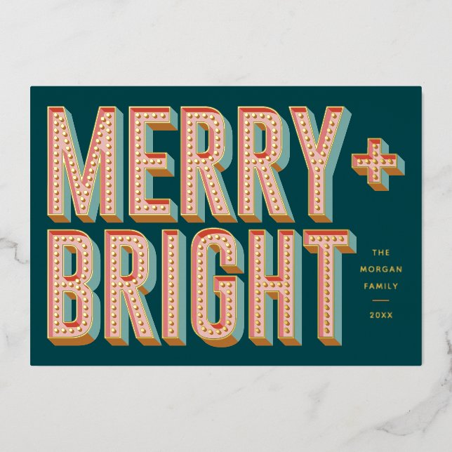 Merry + Bright Marquee Foil Holiday Card - Teal (Front)