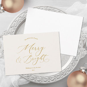 Merry & Bright Minimalist Gold Script Christmas Holiday Card
