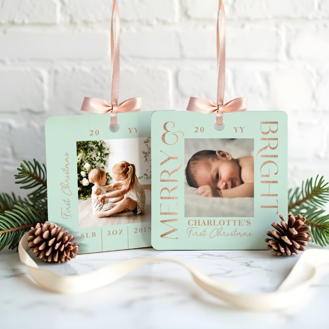 Merry & Bright Mint Baby First Christmas Photos Metal Tree Decoration (Merry & Bright Mint Baby First Christmas Photos Metal Ornament)