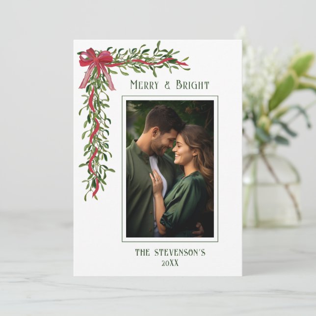 Merry & Bright Mistletoe Photo Christmas Holiday Card (Standing Front)