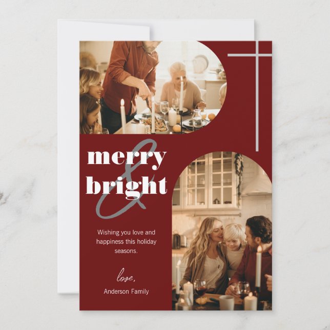 Merry & Bright Modern Arch Christmas Family Photo Holiday Card (Front)