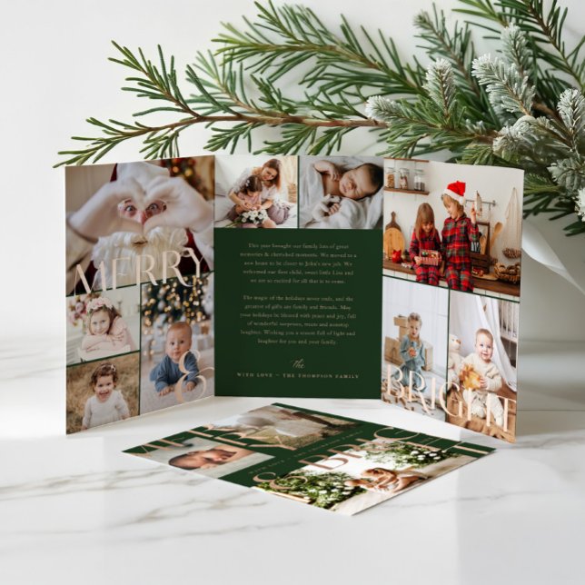 Merry & Bright Modern Bold Family Photo Collage Tri-Fold Holiday Card (Merry & Bright Modern Bold Family Photo Collage Tri-Fold Green Holiday Card)