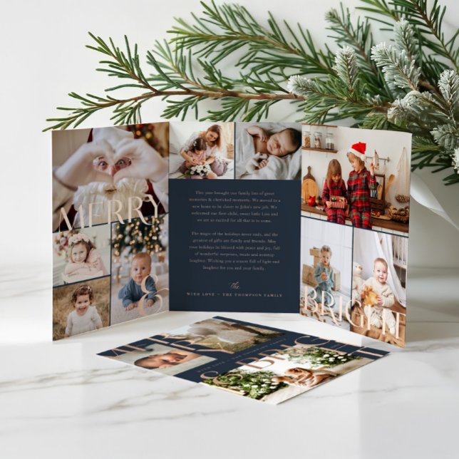 Merry & Bright Modern Bold Family Photo Collage Tri-Fold Holiday Card (Merry & Bright Modern Bold Family Photo Collage Tri-Fold Navy Blue Holiday Card (Inside))