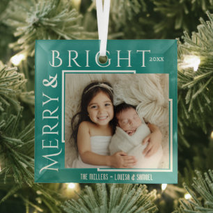 Merry & Bright modern bold typo 1 photo Christmas Glass Tree Decoration