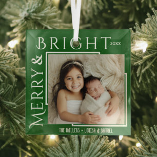 Merry & Bright modern bold typo 1 photo Christmas Glass Tree Decoration