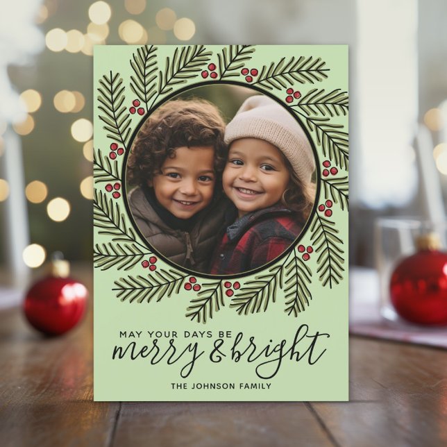 Merry Bright Modern Christmas Branches Photo green Holiday Card (Whimsical Christmas Card with 1 Photo - Print and Download Options Available)