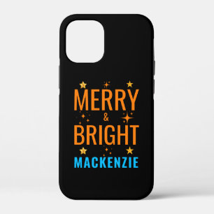 Merry & Bright Modern Christmas Custom Name Black iPhone 12 Mini Case