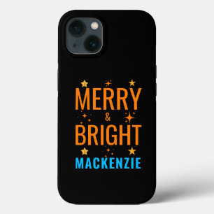 Merry & Bright Modern Christmas Custom Name Black iPhone 13 Case
