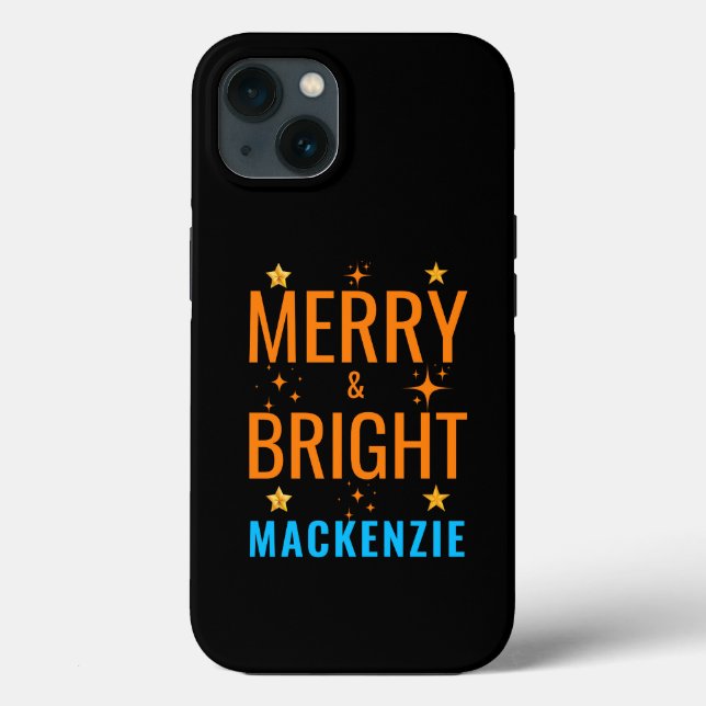 Merry & Bright Modern Christmas Custom Name Black Case-Mate iPhone Case (Back)