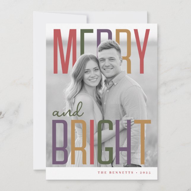 Merry & Bright Modern Colorful Photo Holiday Card (Front)