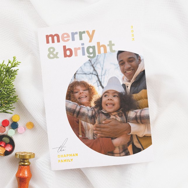 Merry & Bright Modern Colourful Christmas Photo Foil Holiday Card (Creator Uploaded)