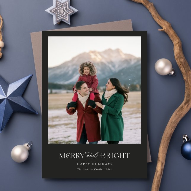 Merry & Bright Modern Family Photo Christmas Black Holiday Card (Creator Uploaded)
