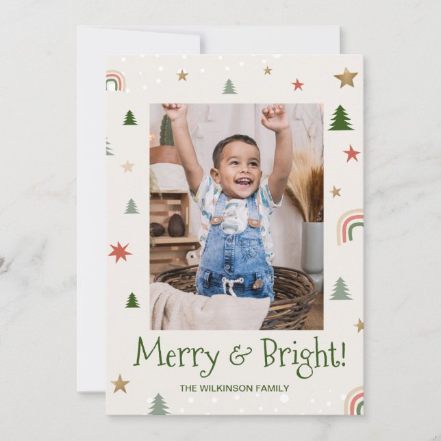 Merry Bright Modern Family photo Christmas icons Holiday Card (Front)