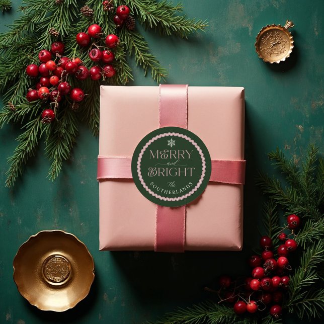 Merry & Bright Modern Green & Pink Retro Wavy Classic Round Sticker (Merry & Bright Modern Green & Pink Retro Wavy Classic Round Sticker)