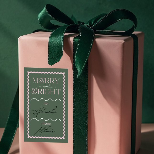 Merry & Bright Modern Green Retro Wavy To & From Rectangular Sticker (Merry & Bright Modern Green Retro Wavy To & From Rectangular Sticker)