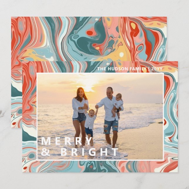 Merry & Bright Modern Liquid Marble Photo Holiday (Front/Back)