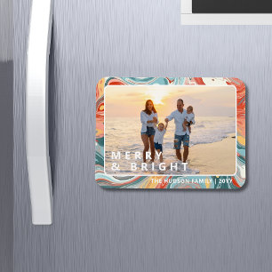 Merry & Bright Modern Liquid Marble Photo Holiday Magnet