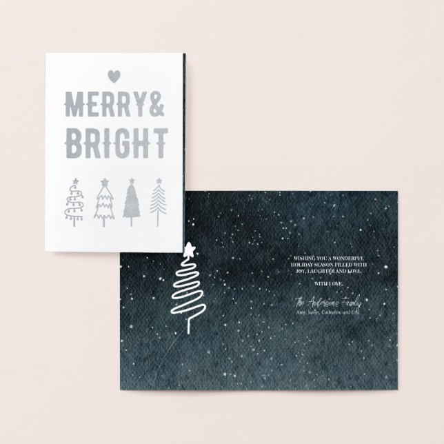 Merry Bright Modern Pine Trees Family Christmas Foil Card (Display)