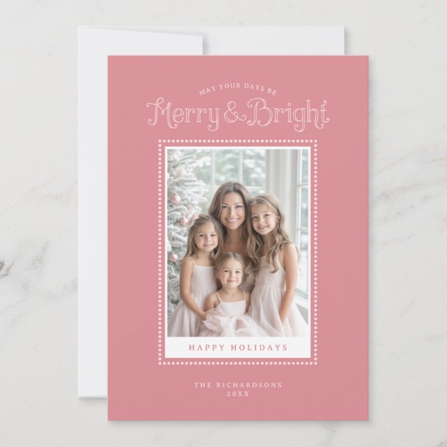 Merry Bright Modern Pink Photo Holiday Card (Front)
