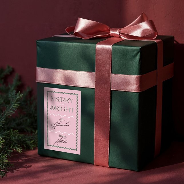 Merry & Bright Modern Pink Retro Wavy To & From Rectangular Sticker (Merry & Bright Modern Pink Retro Wavy To & From Rectangular Sticker)