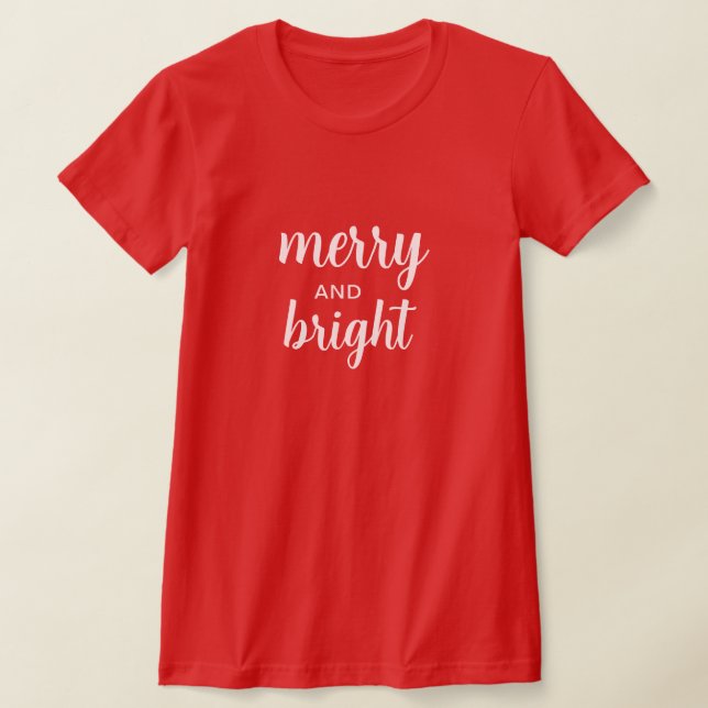Merry & Bright Modern Script Christmas Red T-Shirt (Laydown)