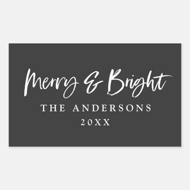 Merry & Bright modern script text christmas Rectangular Sticker (Front)