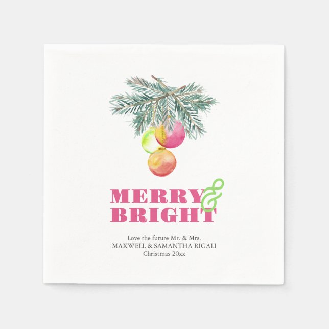 Merry & Bright Modern Watercolor Engagement Party Napkin (Front)