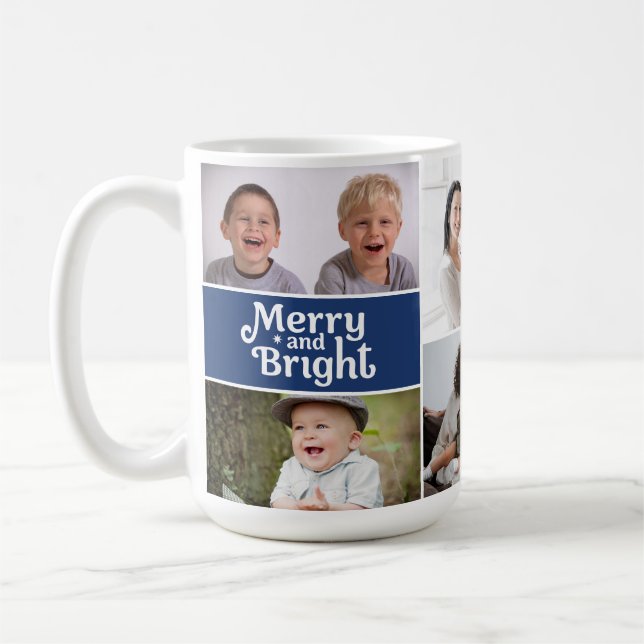 Merry & Bright Multi-Photo Holiday Blue custom Coffee Mug (Left)