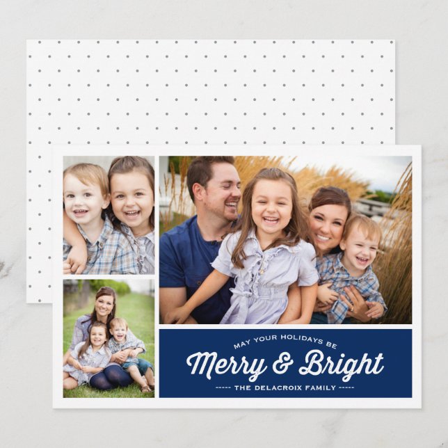 Merry & Bright Navy 3 Photo Holiday Greeting (Front/Back)