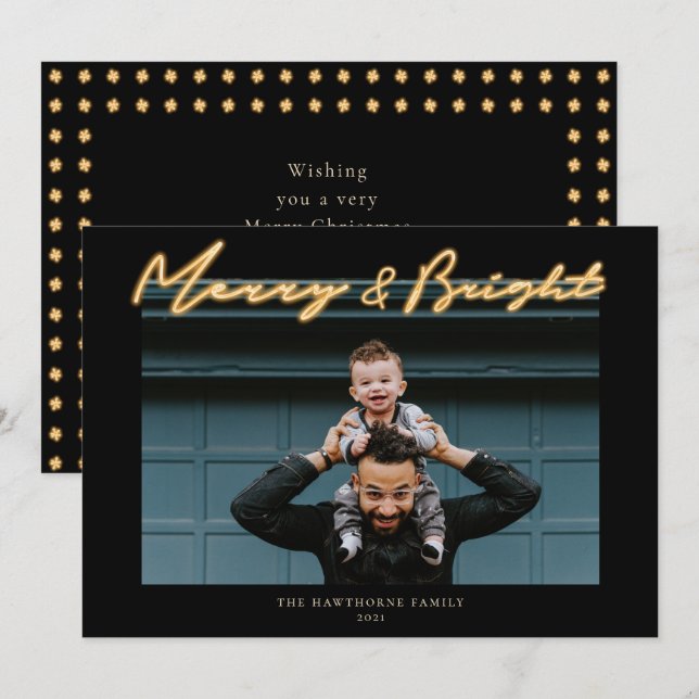 Merry & Bright Neon Lettering Photo Holiday (Front/Back)