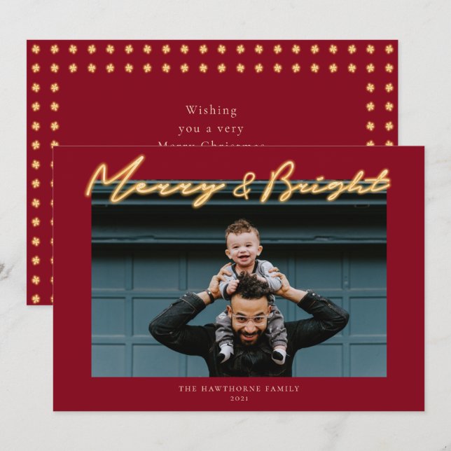 Merry & Bright Neon Lettering Photo Holiday Card (Front/Back)