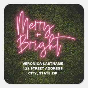 Merry + Bright Neon Sign Boxwood Christmas Address Square Sticker