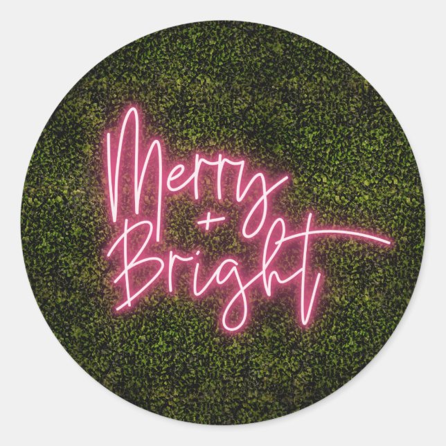 Merry + Bright Neon Sign Boxwood Christmas Classic Round Sticker (Front)