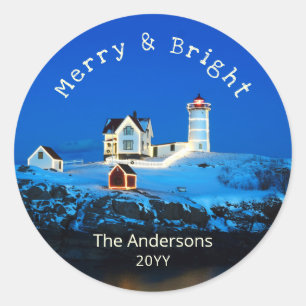 Merry Bright Nubble Christmas Lighthouse Classic Round Sticker
