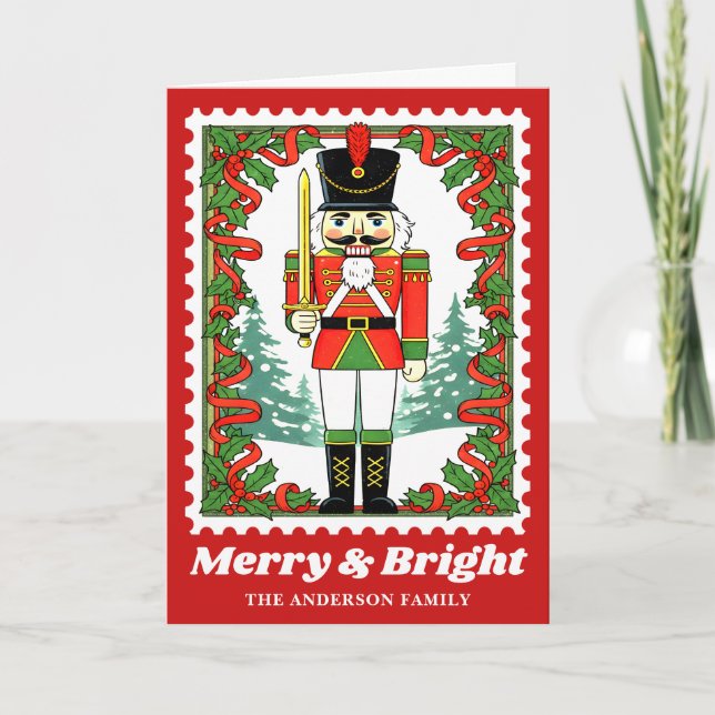 Merry & Bright Nutcracker Christmas Postage Stamp Holiday Card (Front)