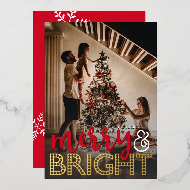 Merry & BRIGHT Overlay Christmas Photo Foil Holiday Card (Front/Back)
